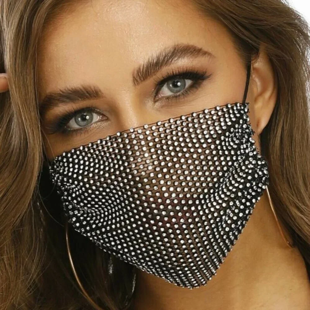 ❤️ NEW Rhinestone Face Mask Black Mesh Beautiful A Lot of Bling - Picture 6 of 6